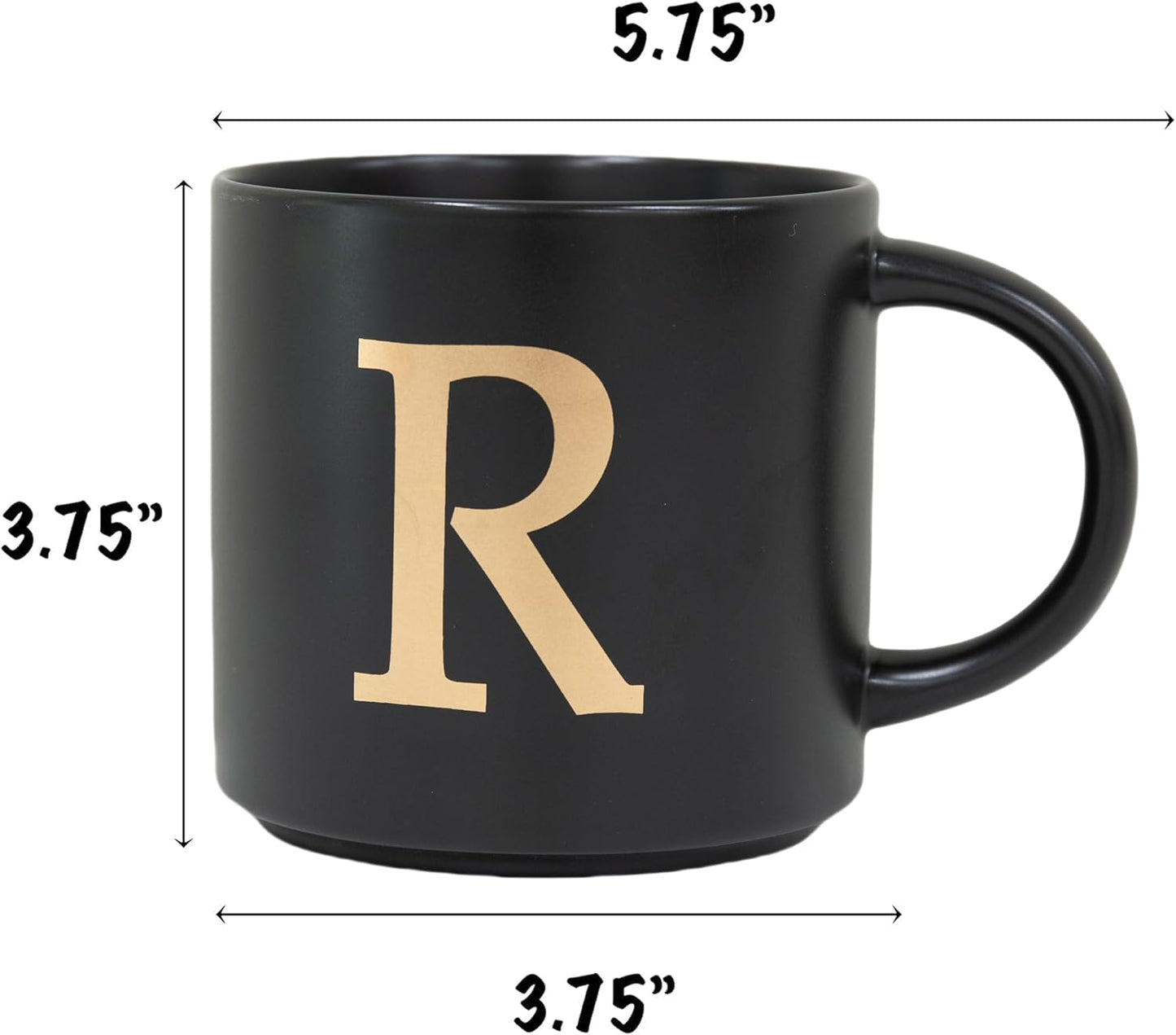 COLLECTIVE HOME - Monogram Ceramic Mugs, 15 oz Golden Initial Black Coffee Cups, Elegant Alphabet Tea Mugs, Elegant Personalized Mug with Gift Box, Unique Mug with Double Side Capital Lette (R)