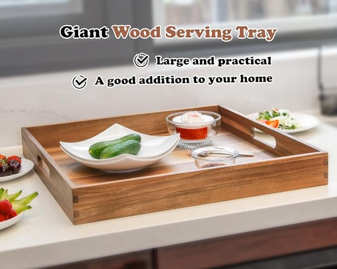 Large Ottoman Tray for Living Room, 20" Extra Large Tray for Ottoman Square Acacia Serving Trays with Handles for Coffee Table, Breakfast, Appetizers, Dinner