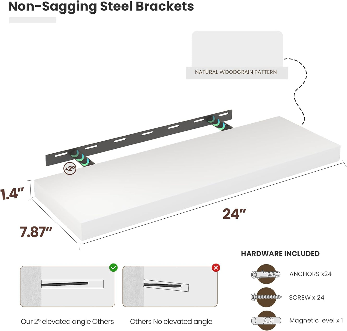 Floating Wood Shelves for Wall 24 Inches x 8”x 1.4” Shelf Floating Home Decor, Heavy Duty Shelf Hold 60 lbs, Wall Shelves for Bathroom Living Room Kitchen Bedroom Office - Set of 2 White