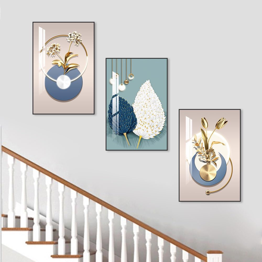 MPLONG Abstract Modern Minimalist Natural Framed Decorative Painting - Large Size Wall Art Set of 3 Wall Decor for Living Room, Bedroom, Dining Room, Office, etc. (Blue, 20 "X 28" X 3 pieces)