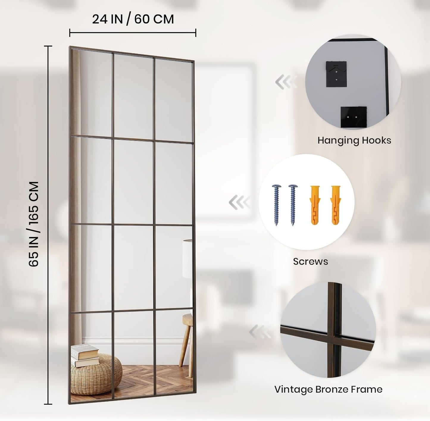 Windowpane Mirror Full Length 65"x24" Wall Mounted Bronze Art Pane Mirror Farmhouse Decorative Floor Mirror Leaning Hanging Wall Mirror for Bedroom Living Room Entrance