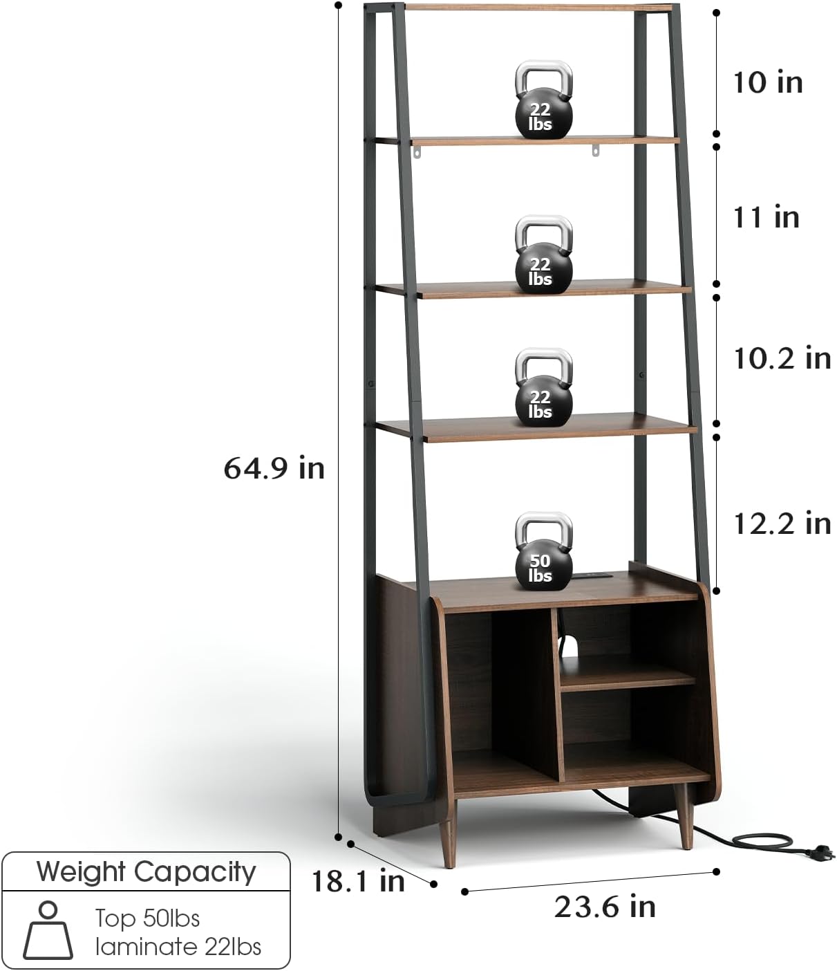 5 Tier Ladder Shelf with Cabinet, Mid Century Modern Bookshelf, Tall Bookcase with Charging Station, Wood and Metal Open Display Shelf for Living Room, Bedroom, Home Office, Walnut