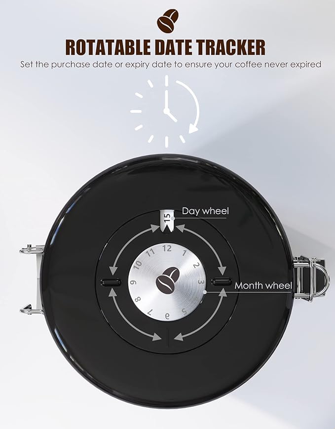 HAIOOU Airtight Coffee Canister, 22OZ Large Stainless Steel Coffee Bean Storage Container with Date Tracker, Measuring Scoop, 6Pcs CO2 Valves and Mini Tongs for Beans, Grounds, Sugar and more - Black