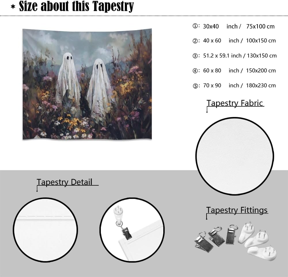 Halloween Ghosts in Wildflowers Tapestry Wall Hanging Spooky Cute Ghost Floral Tapestries Victoria Moody Artwork Aesthetic Print for Goth Living Room Bedroom wall Decor 50x60inch