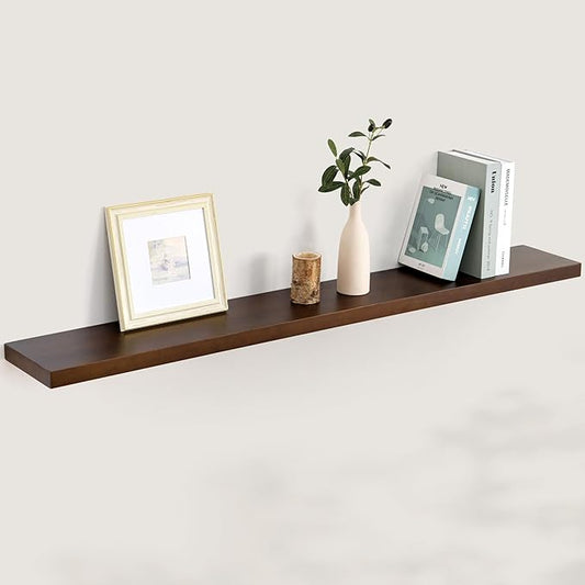 Floating Shelves 55 Inches Long - 8 Inch Deep Rustic Solid Pine Wood for Storage - Farmhouse Wall Mounted for Living Room - Heavy-Duty Metal Bracket - 55" W x 8" D - American Walnut Color