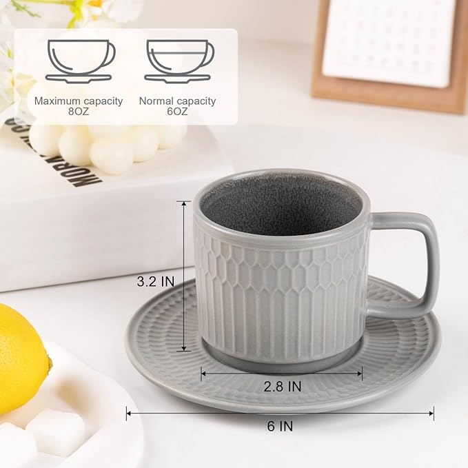 Large Cappuccino Cups with Saucers Set of 4, 8 Ounce Stackable Embossed Ceramic Coffee Mugs for Specialty Coffee Drinks, Latte, Cafe Mocha and Tea, Dishwasher & Microwave Safe (Grey)