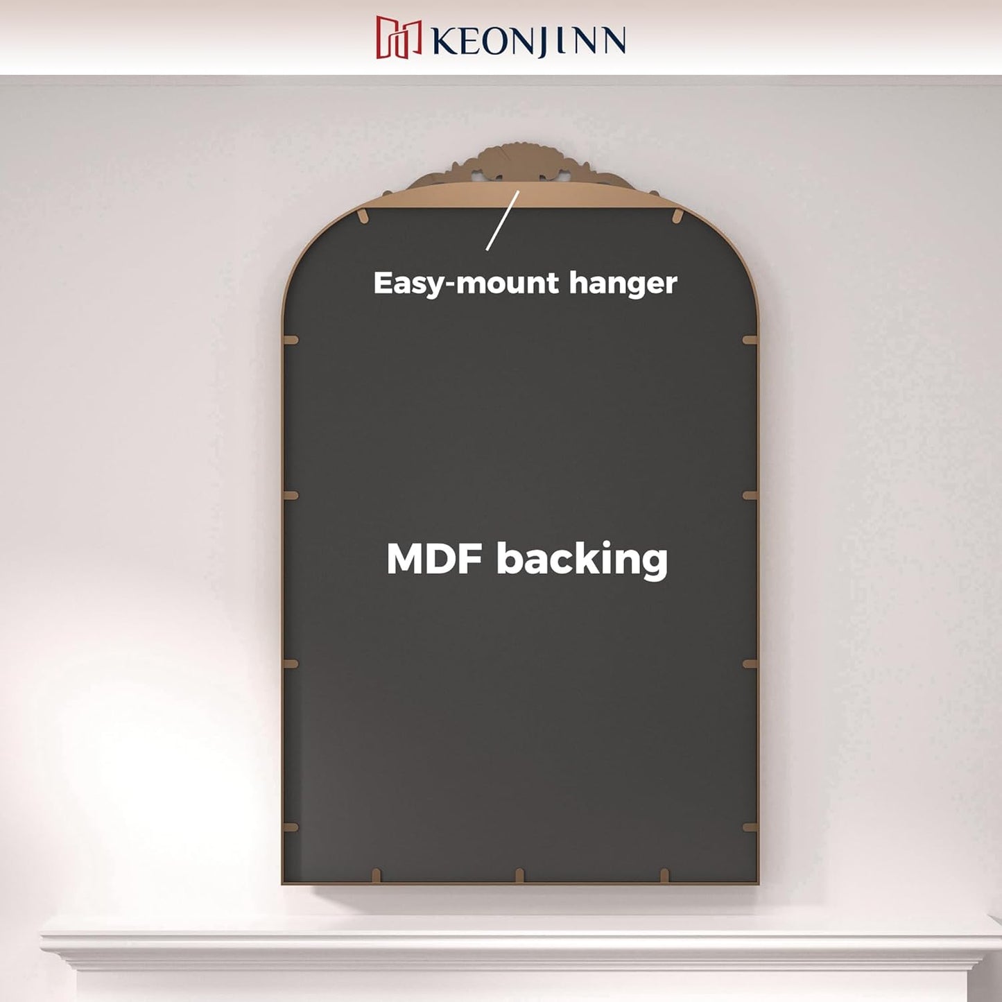 Keonjinn Gold Vintage Arched Mirror for Wall, 16" x 24" Brass Mirror with Metal Frame, Ornate Baroque Decoration for Mantle, Living Room, French Cleat Mounting