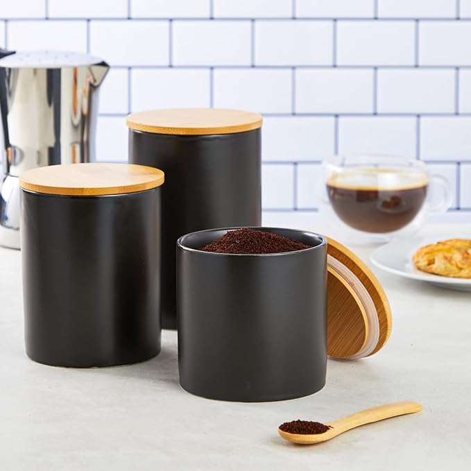 Farmlyn Creek Set of 3 Matte Black Kitchen Canister with Airtight Wooden Bamboo Lids, Kitchen Counter Containers, Food Storage Jars, Ideal for Storing Sugar, Coffee and Other Dry Goods, (3 Sizes)