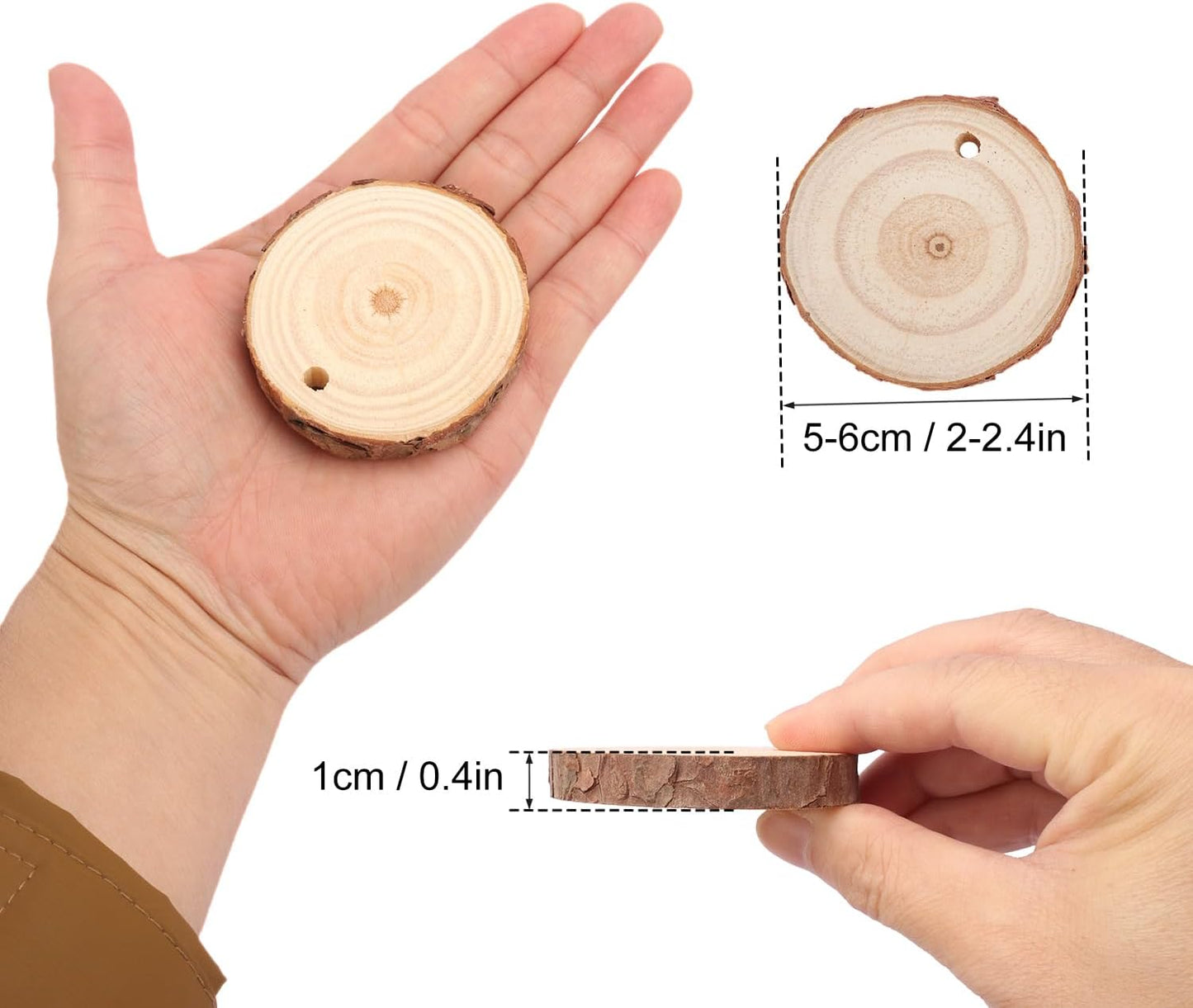 100 PCS 2 Inch - 2.4 Inch Small Wood Slices, Mini Wood Slices with Hole for DIY Arts Craft Christmas Ornaments