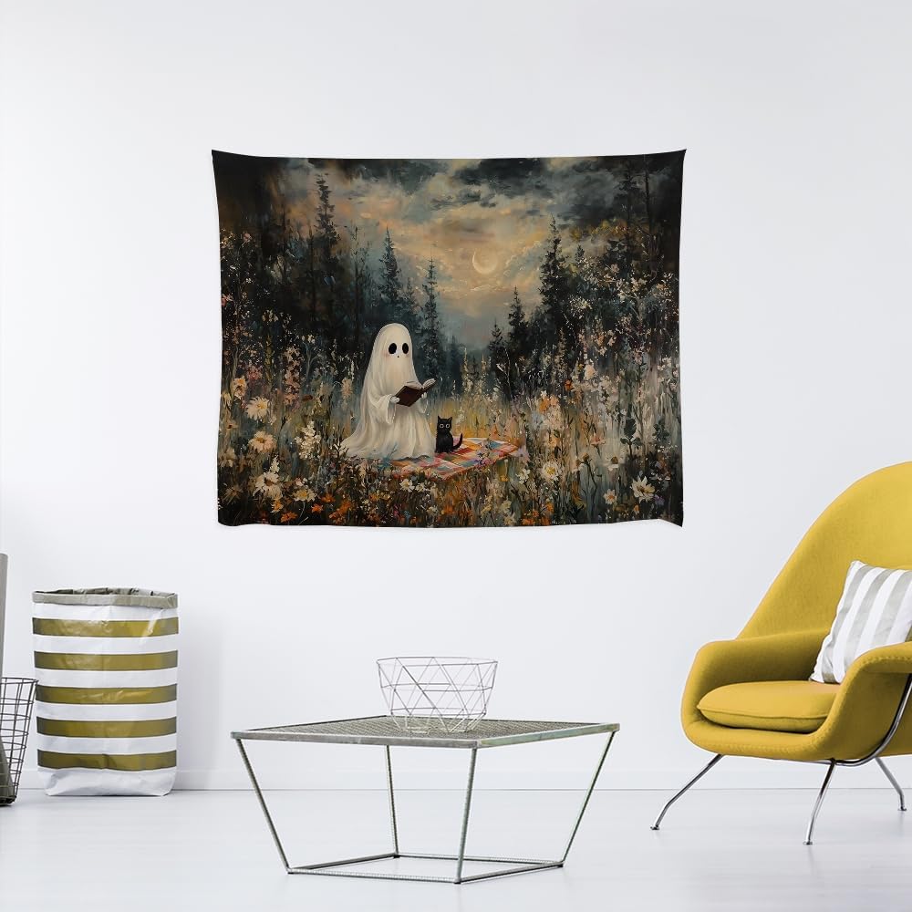 Halloween Ghost and Black Cat Tapestry Wall Hanging Spooky Ghos Reading Book in Wildflowers Wall Decor Halloween Witchy Room Aesthetic Tapestries for Goth Living Room Bedroom Decoration 70x90inch