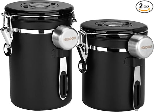 HAIOOU Airtight Coffee Canister, 22OZ +16OZ 2 Piece Stainless Steel Coffee Bean Storage Container with Date Tracker, Measuring Scoop, CO2 Releasing Valves, Mini Tongs for Coffee Bean, Grounds - Black