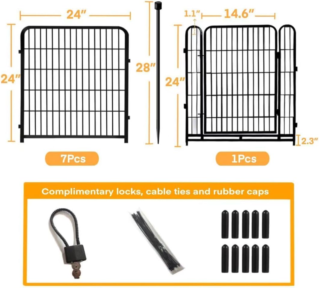 24 in(H) Decorative Garden Fences with Gate, 8 Panels Total 15.7 ft(L) Heavy Duty Iron Animal Barrier Fence for Yard,Suitable for Indoor Pet Fence Or Outdoor Dog Fencing, Garden Border Fence