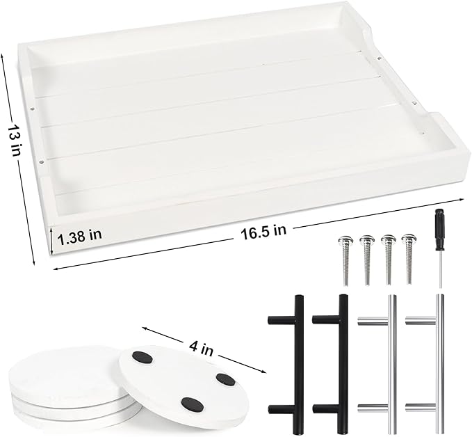 Coffee Table Tray - Large Ottoman Tray for Living Room - Wood Serving Tray with Handles(2 Sets) - Wooden Tray for Coffee Table, 4 Round Coasters Included, White