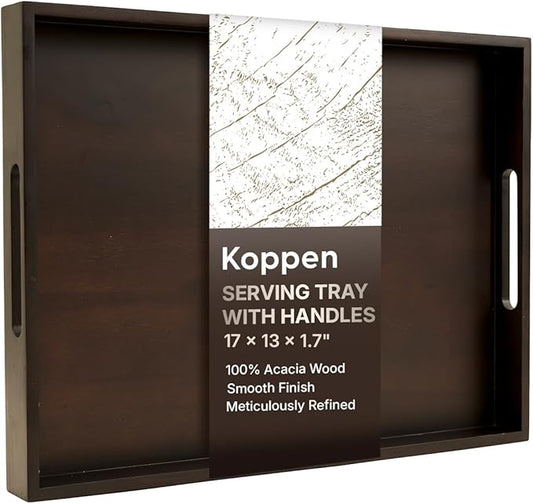 Koppen Acacia Wood Serving Tray with Handles, 17" x 13.86", Large Wooden Platter for Breakfast, Ottoman Tray for Party, Snacks, Fruit, Coffee Table, Living Room, Sofa, Bed, Outdoor