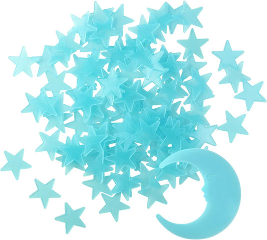 100 Stars and 1 Moon Glow in The Dark Luminous Fluorescent 3D Plastic Glow Stars Moon for Ceiling, Glowing Wall Stickers Create a Realistic Starry Sky, Room Decorations (Blue)