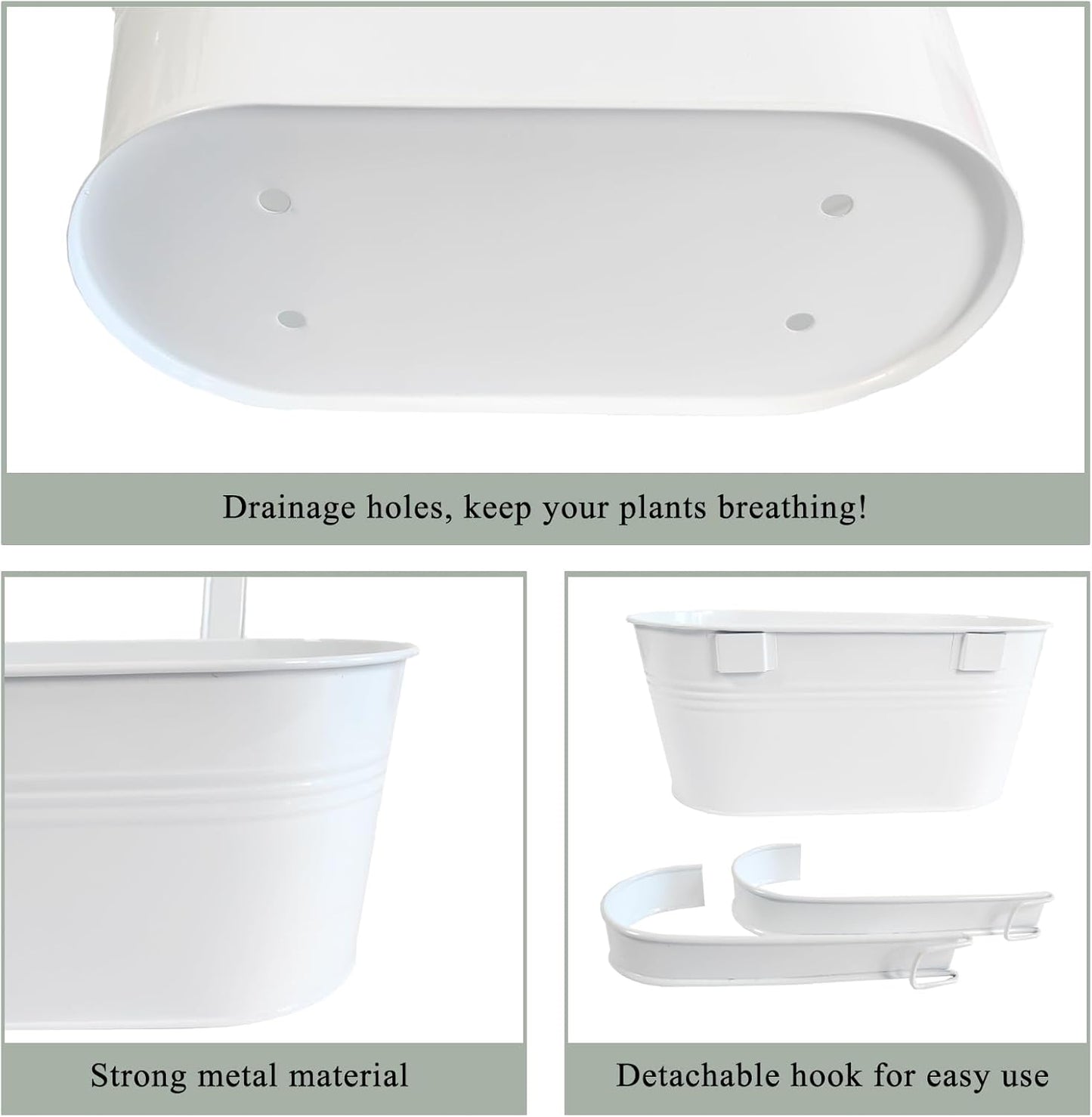 10" Hanging Flower Pots, Pack of 4 White Metal Outdoor Patio Balcony Planter, Railing Planters Fence Pot with Detachable Hook & Drainage Hole for Small Plants (White, 4Pcs)