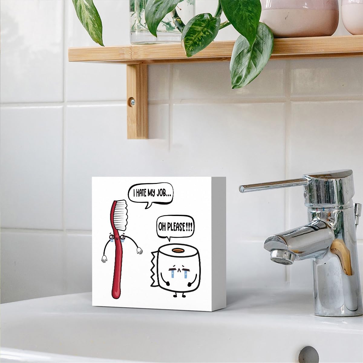 Funny Bathroom Decor, Funny Bathroom Wall Art, Black and White Bathrooms Decoration Decor for Shelves, Wooden Box Decor Sign for Home Farmhouse Office Living Room Table