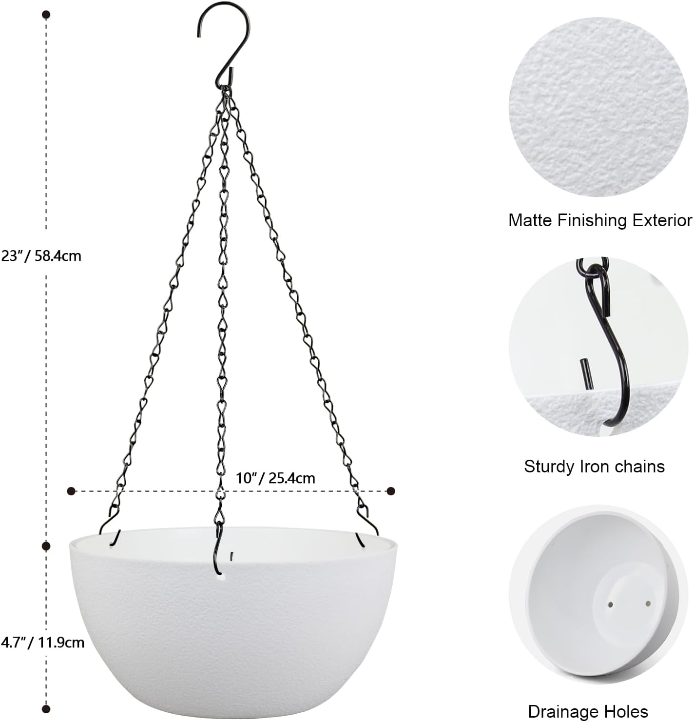 10 inch Hanging Planters for Indoor Outdoor Plants, 2 Pack Hanging Flower Pots with Drainage Holes and Chain for Garden Balcony Porch, Round Plastic Hanging Baskets for House Plants, White