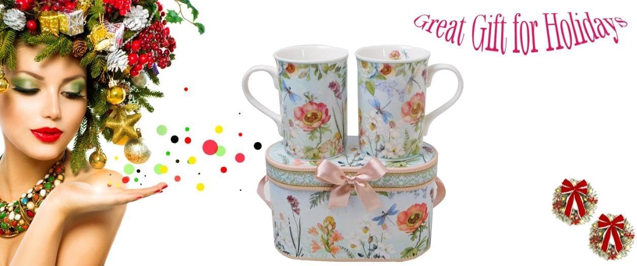 Lightahead Elegant Bone China Two Coffee Mugs Set in Floral Design 10.8 oz Each Cup in Attractive Gift Box