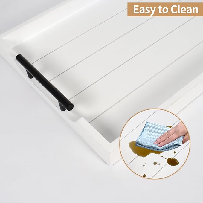 Coffee Table Tray - Large Ottoman Tray for Living Room - Wood Serving Tray with Handles(2 Sets) - Wooden Tray for Coffee Table, 4 Round Coasters Included, White