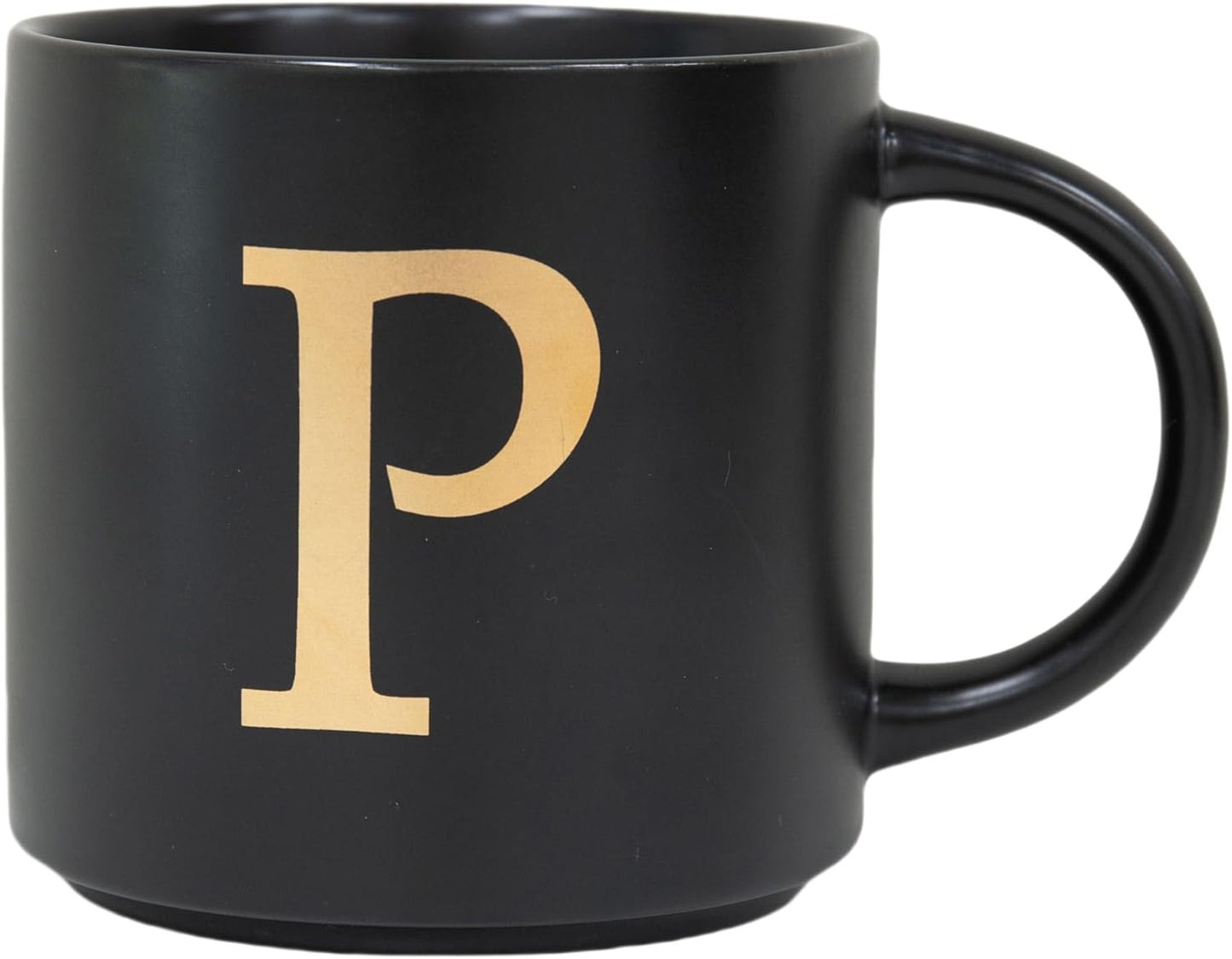 COLLECTIVE HOME - Monogram Ceramic Mugs, 15 oz Golden Initial Black Coffee Cups, Elegant Alphabet Tea Mugs, Elegant Personalized Mug with Gift Box, Unique Mug with Double Side Capital Lette (P)