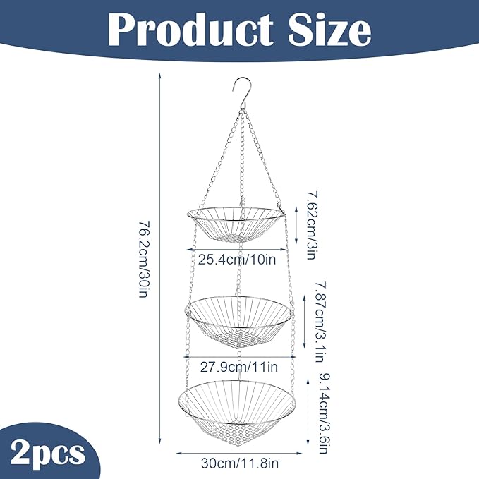 3-Tier Kitchen Wire Storage Basket Hanging Fruit Storage 2 Pack