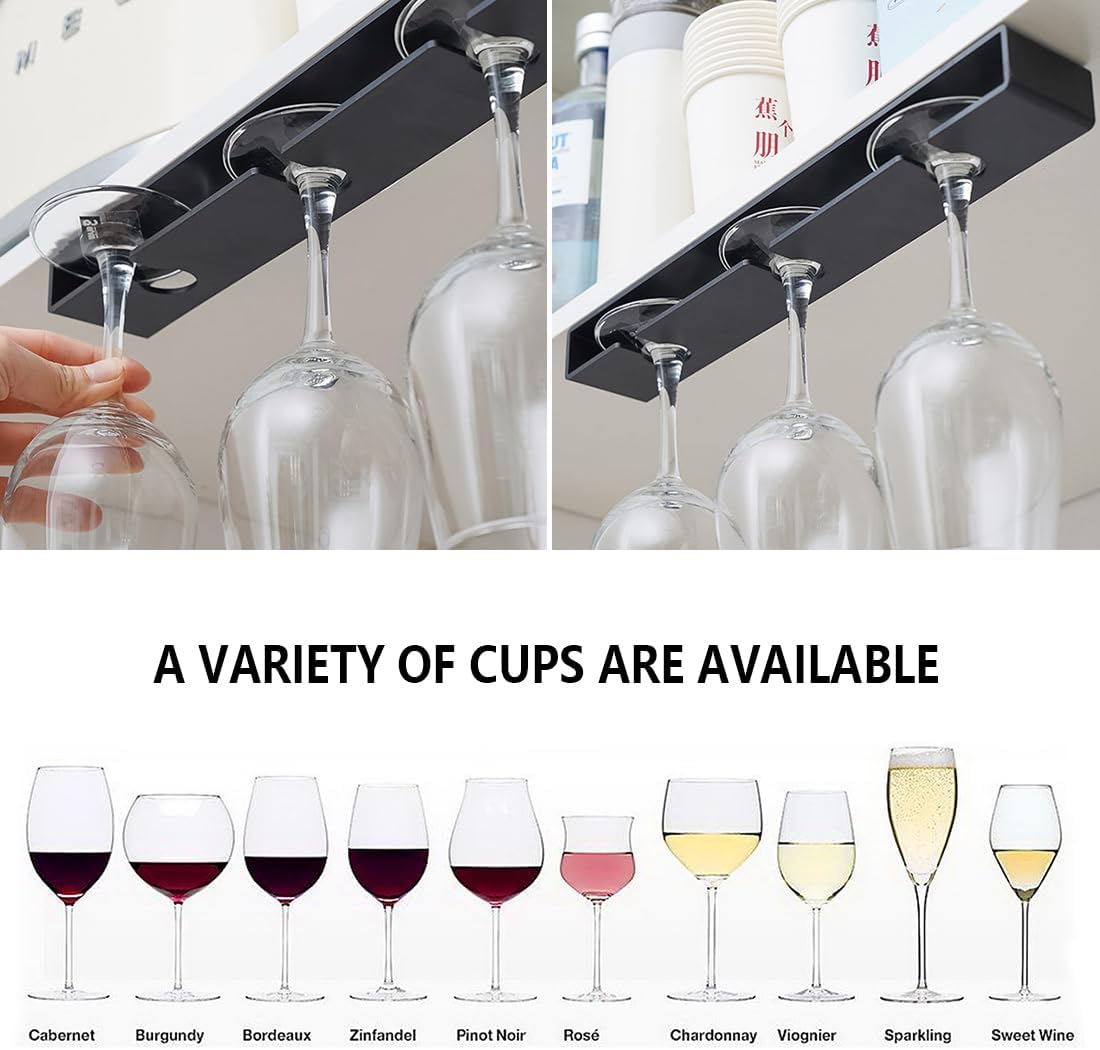 2Pack Wine Glass Holder Under Cabinet Shelf,Plastic Wine Glass Rack Stemware Drying Storage Hanger for Kitchen,Bar and Restaurant(Black)