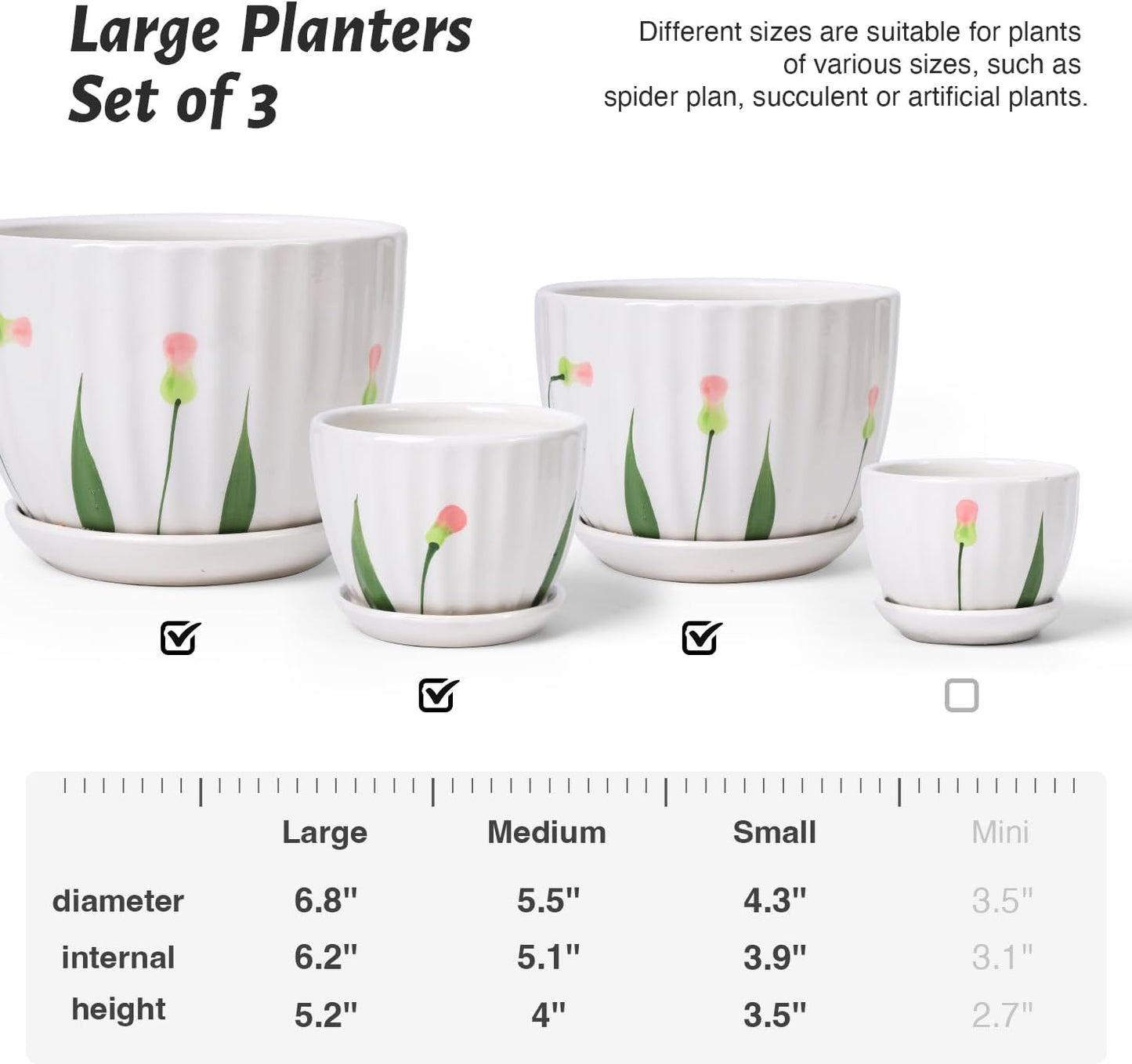 4/5/6 Inches Ceramic Plant Pots with Drainage Holes and Saucers, Round Flower Pots for Indoor Plant, Small Flower Planters Set of 3 (White Floral-Big Size)
