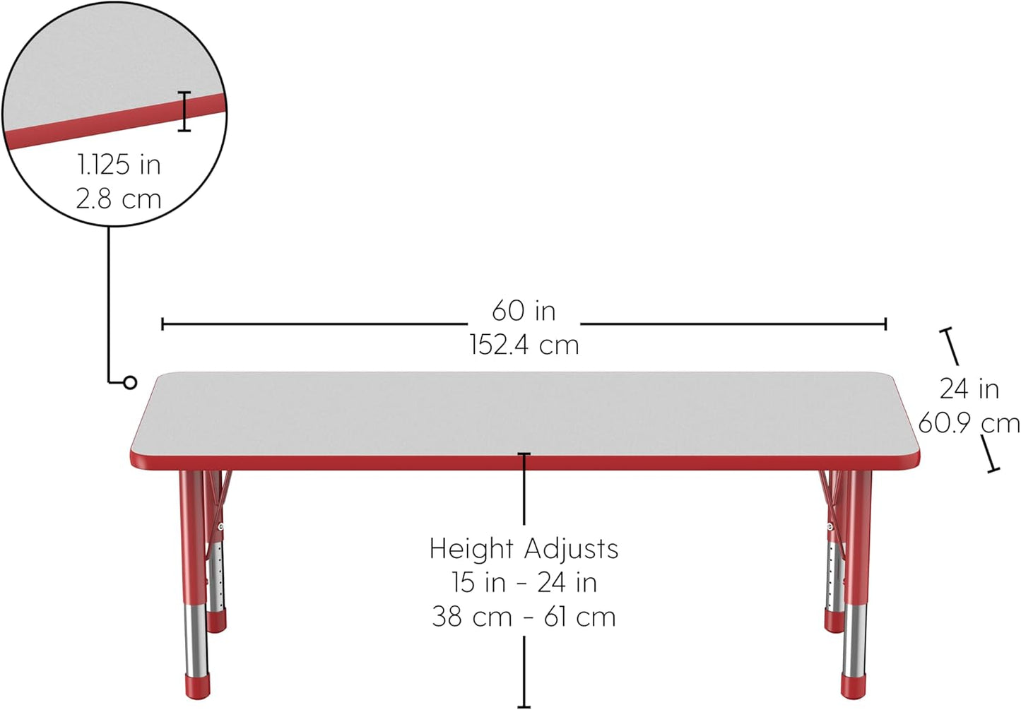 FDP Rectangle Activity School and Classroom Kids Table (24 x 60 inch), Chunky Toddler Legs, Adjustable Height 15-24 inches - Gray Top and Red Edge