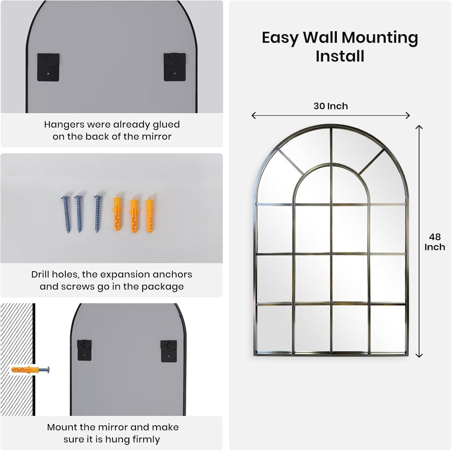 Arched Windowpane Wall Mirror 30"x48" Bronze Wall Mounted Art Pane Mirror Farmhouse Decorative Mirror Leaning Hanging Wall Mirror for Bedroom Living Room Entrance Hallway Wall Decor