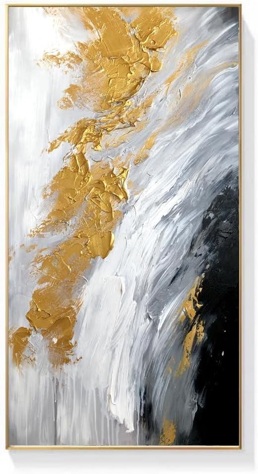 Large Gold Abstract Oil Painting on Canvas for Entrance-Hall, Hand Painted White and Black Wall Art for Living Room,Modern Framed Wall Picture for Bedroom Kitchen Home Decoration 28x56inch