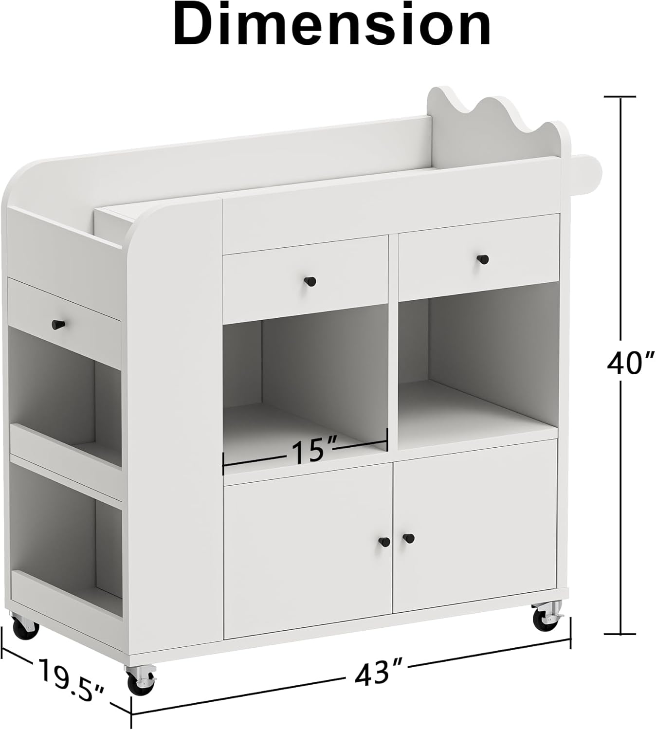 Baby Changing Table Dresser, 3 Drawers Nursery Dresser with 4 Open Cubbies, Rolling Chest of Drawers with Wheels, 43" W x 19.5" D x 40" H