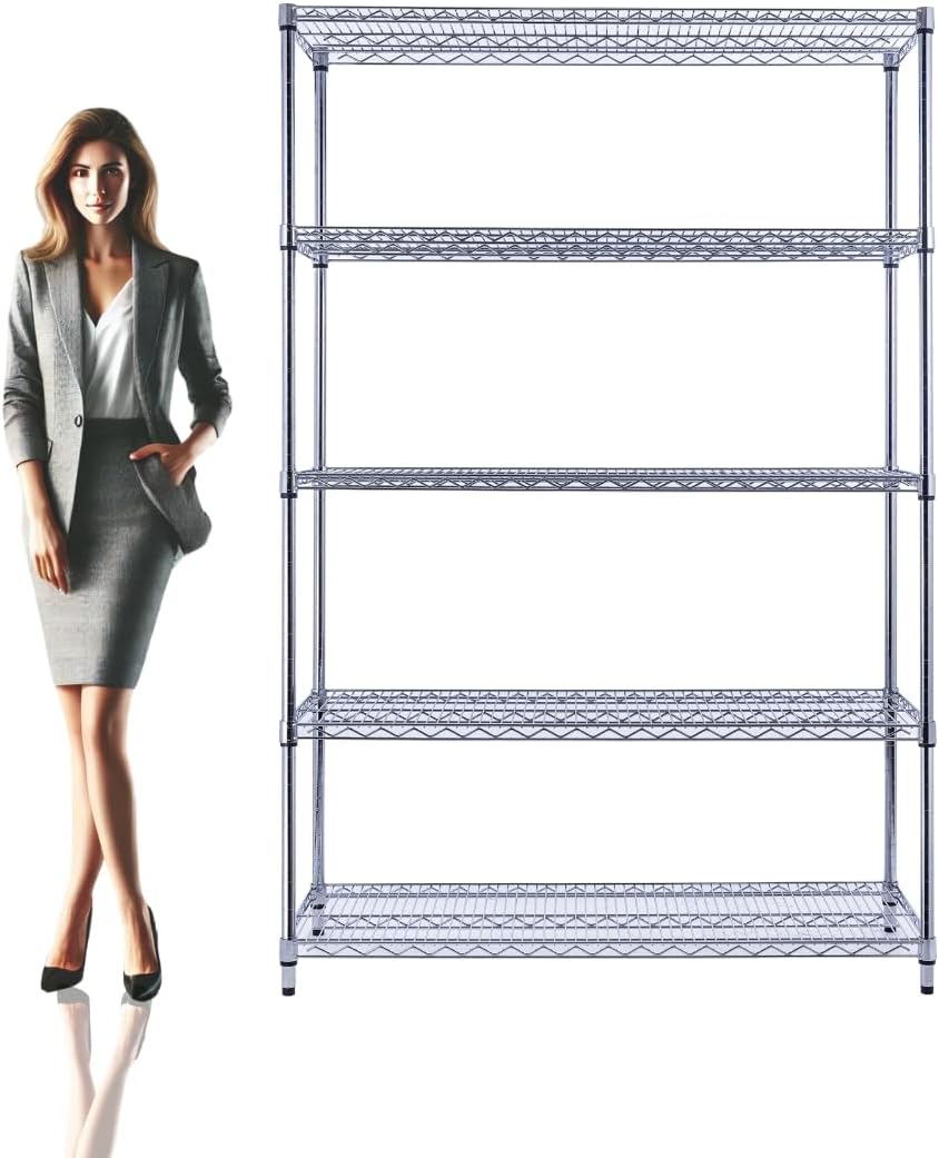 48"x24"x72" Chrome 5-Tier PREMIUM Wire Shelving NSF 4000 LBS MAX CAPACITY Heavy Duty Steel Storage Rack for Warehouses, Garages, Hospitals, Commercial Spaces, & Schools w/PREMIUM WHEELS