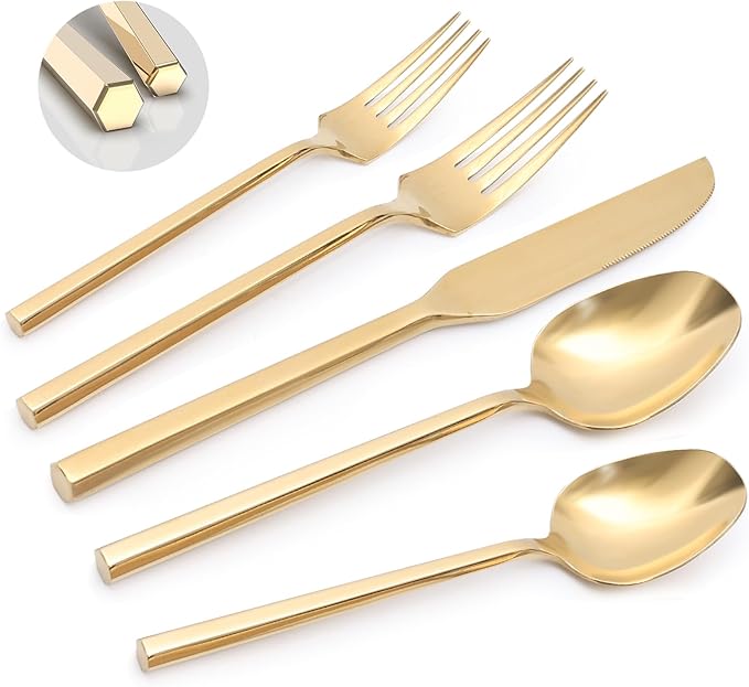 Gold 20 Piece Stainless Steel Silverware Set, Handle Flatware, Modern Mirror Finish Cutlery Set, Service for 4, Dishwasher Safe