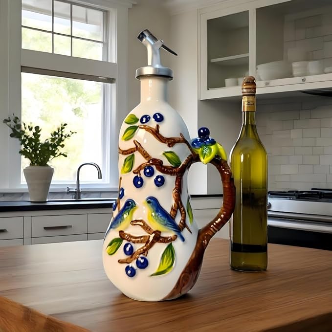 18.26oz/540ml Ceramics Olive Oil Dispenser Bottle,Hand Painted Reliefs Oil Dispenser for Kitchen,Oil Bottles for Kitchen (Blueberry)