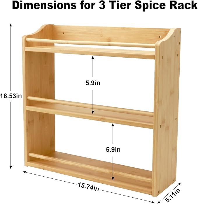3 Tier Bamboo Spice Rack, Spice Rack Organizer, Seasoning Jars Rack Shelf Spice Organizer for Kitchen Counter or Wall Mounting, Bamboo Spice Storage Holder