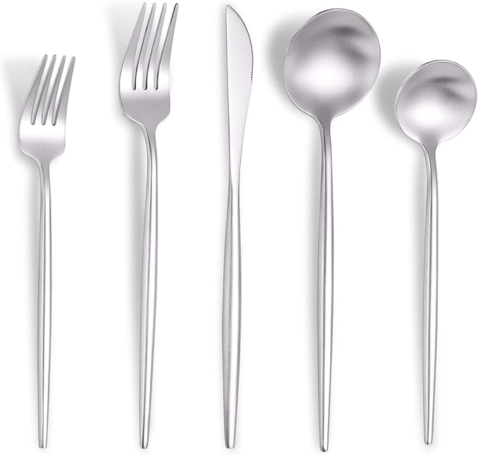 Matte Silverware Set for 8,Modern Stainless Steel Brushed Cutlery Set,40-Pieces Heavy Duty Flatware Set,Knives Spoons and Forks Set Utensils Set, Satin Finish, Dishwasher Safe