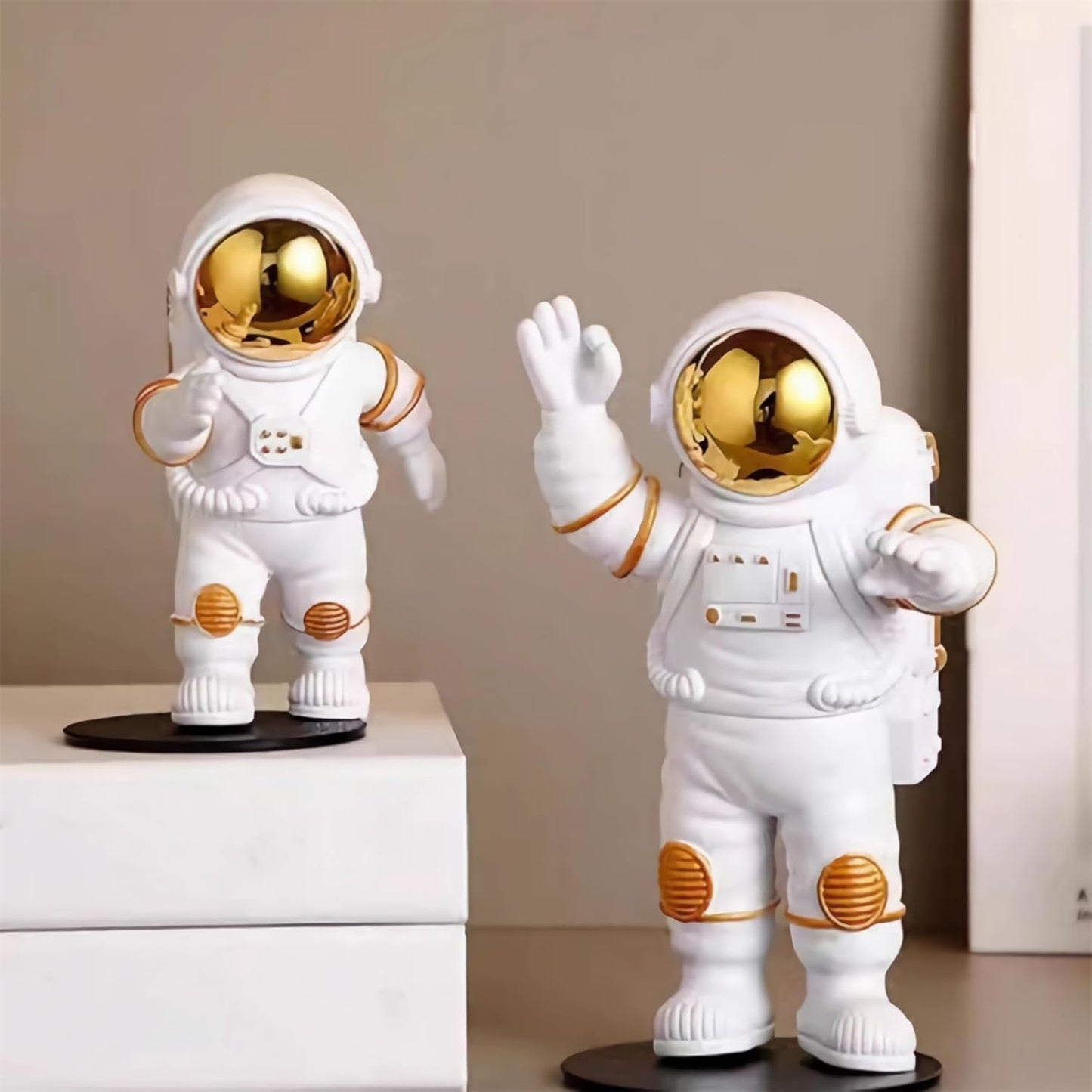 Gold White Astronaut Statues Set of 3, Outer Space Sculpture Figurines for Home Decor Cake Toppers