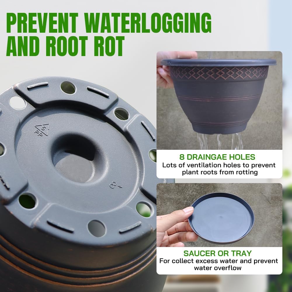 4 Pack 16 Inch Large Plant Pots, Plastic Flower Pot for Indoor & Outdoor with Drainage Holes & Saucer, Plaid Pattern Planters Garden Pots for Herbs