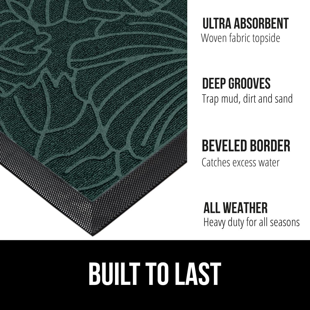 GORILLA GRIP 100% Waterproof All-Season WeatherMax Doormat 35x23, US Designed Natural Rubber, Stain and Fade Resistant, Low Profile Indoor Outdoor Door Mats, Easy Clean Patio Mat, Green Palm