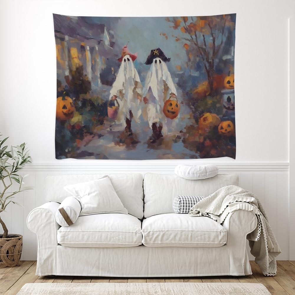 Funny Halloween Ghost Tapestry Wall Hanging Cute Kids Nursery Room Decor Trick or Treat Art Print Goth Fall Pumpkin Ghost Tapestries for Living Room Bedroom wall Decor 60x80inch