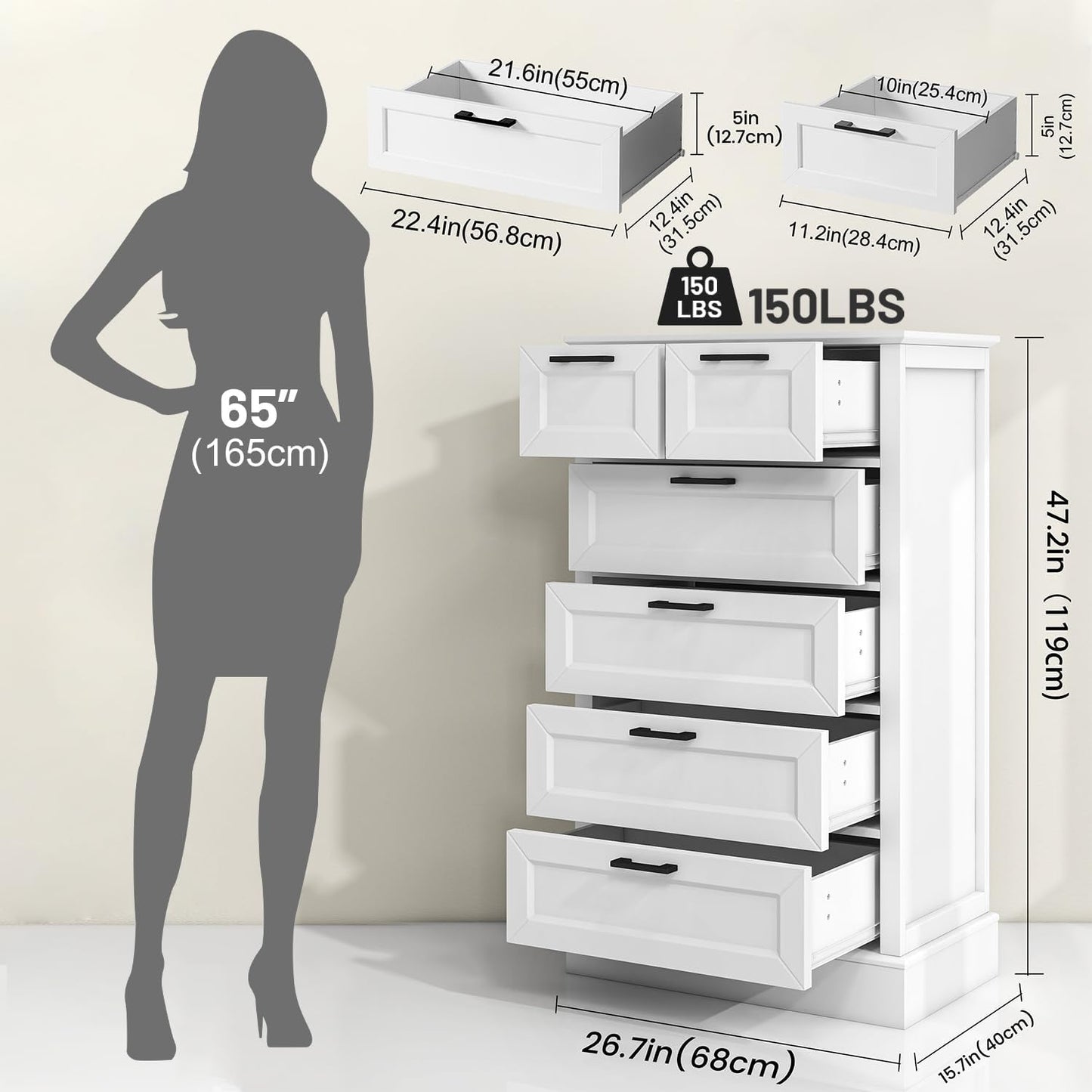 Odeekea White Dresser with 6 Drawers, Vertical Tall Dresser for Bedroom, Chest of Drawers for Nursery, Wood Closet Drawers for Hallway, Living Room, Entryway, 47” Tall Modern Farmhouse Style