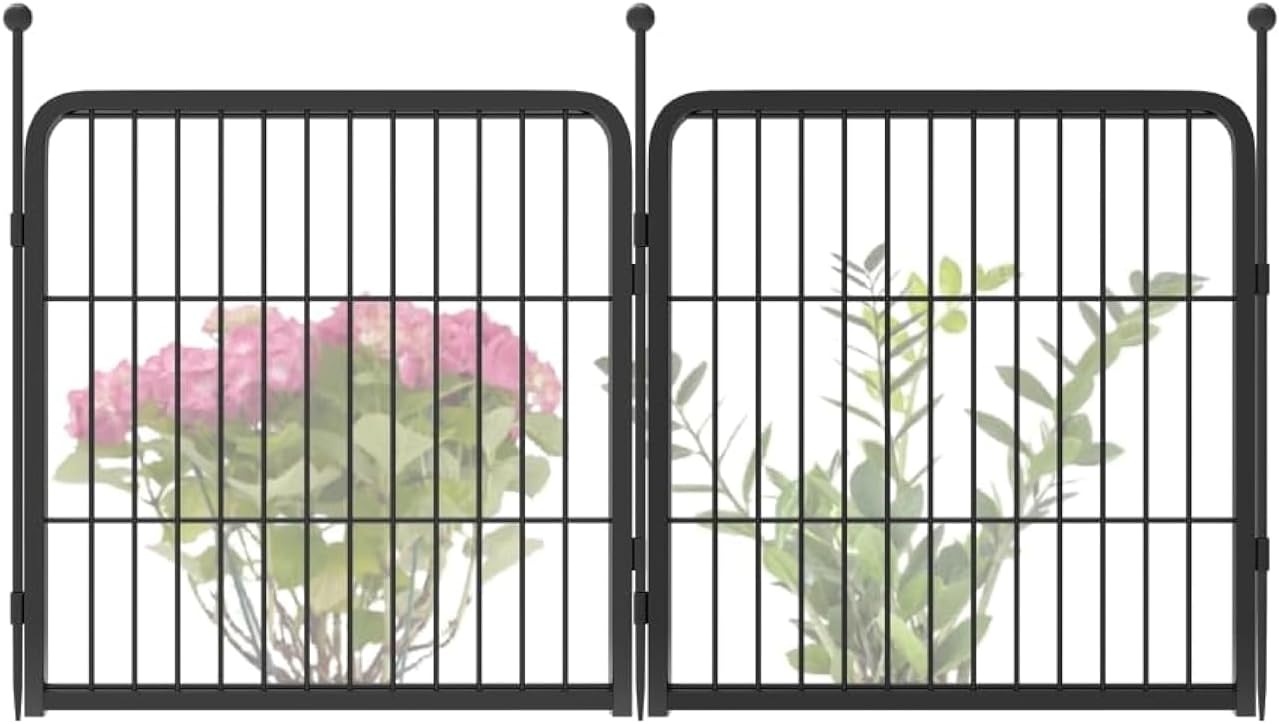 FXW Garden Fence Outdoor for The Yard – 24in(H) x 3.7ft(L) Heavy Duty Metal Animal Barrier for Dog and Rabbit, Decorative Dog Fence, 2 Panels, Black