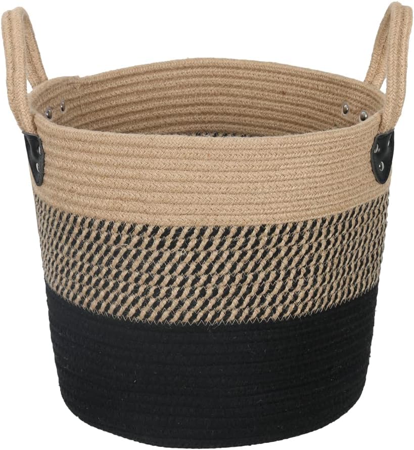14"x12" Natural Jute Rope Woven Storage Basket with Handles for Plant, Blankets,Toys - Living Room Home Decor,Multifunctional Basket for Organizer,Picnic,Artificial Tree Black and Beige