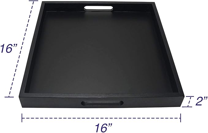 Square Wood Serving Tray with Handle, Ottoman Decorative for Home, 16x16 inches Black