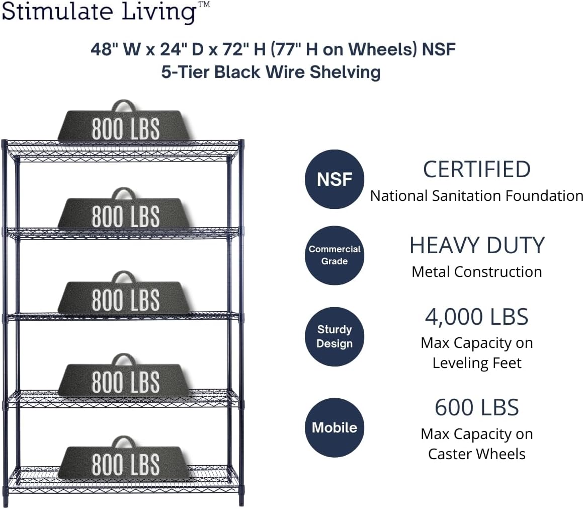 48"x24"x72" Prime Heavy Duty Black 5-Tier Steel Wire Shelving NSF 4000 LBS MAX Capacity Storage Rack for Commercial, School, Home, Garage, Warehouse, Industrial, and Hospital Uses (with Wheels)