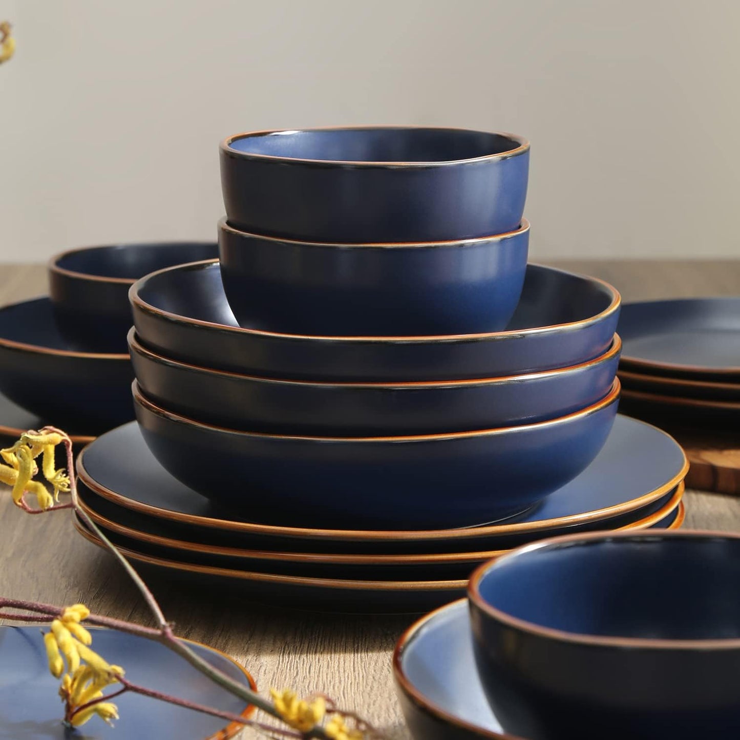 Stone Lain Brasa Modern Stoneware 32 Piece Dinnerware Sets, Plates and bowls Sets, Dish Set for 8, Blue