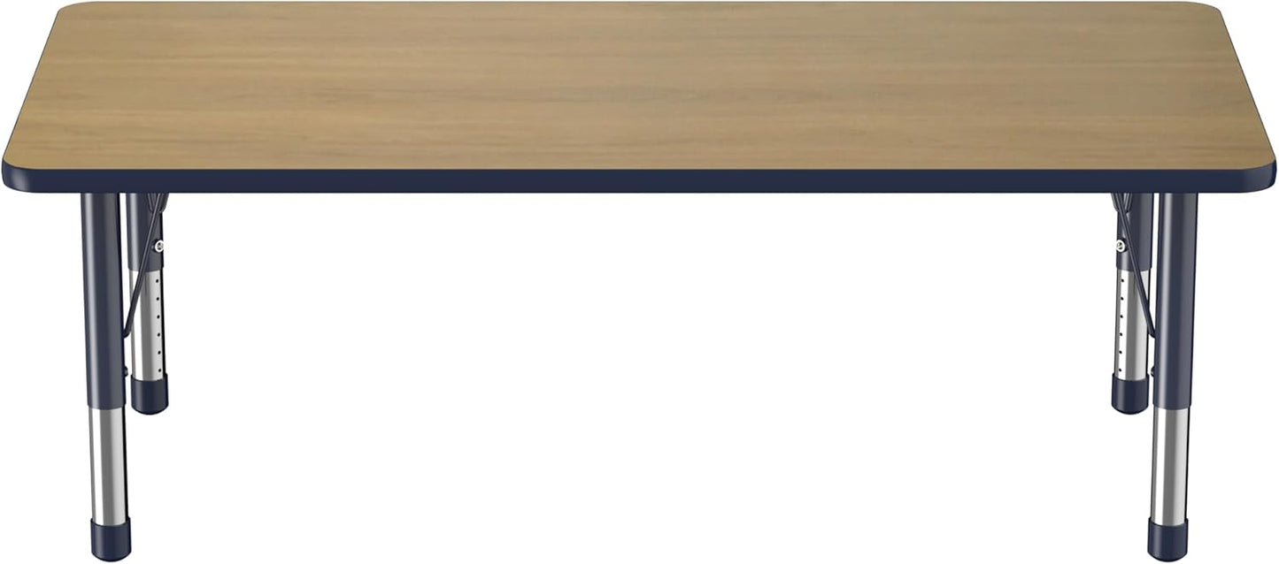 FDP Rectangle (30 x 60 inch) Classroom Table with Adjustable Chunky Toddler Legs (15-24 in); Preschool, Kinder and Daycare Furniture - Pasadena Oak Top/Navy Edge and Legs