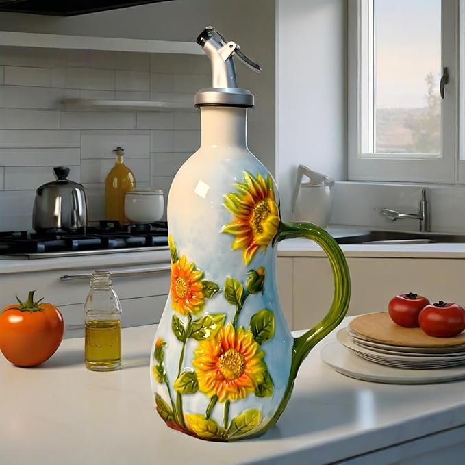 18 Oz Hand Painted Relief Ceramic Olive Oil Bottle Dispenser for Kitchen, Oil and Vinegar Bottle, Seasoning Bottle with Stainless Steel Nozzle, 540mL Oil Container with Handle for Cooking, Light Proof