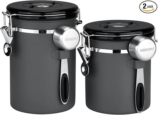 HAIOOU Airtight Coffee Canister, 22OZ +16OZ 2 Piece Stainless Steel Coffee Bean Storage Container with Date Tracker, Measuring Scoop, 6Pcs CO2 Valves, Mini Tongs for Coffee Bean, Grounds - Grey